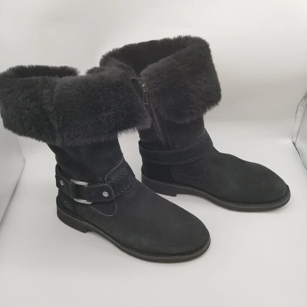 UGG‎ Simmens Black Suede Sheepskin Cuff Mid Calf Boots 1012361 Womens 9
